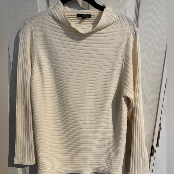 Eileen Fisher Cream Mock Neck Ribbed Merino Wool Sweater